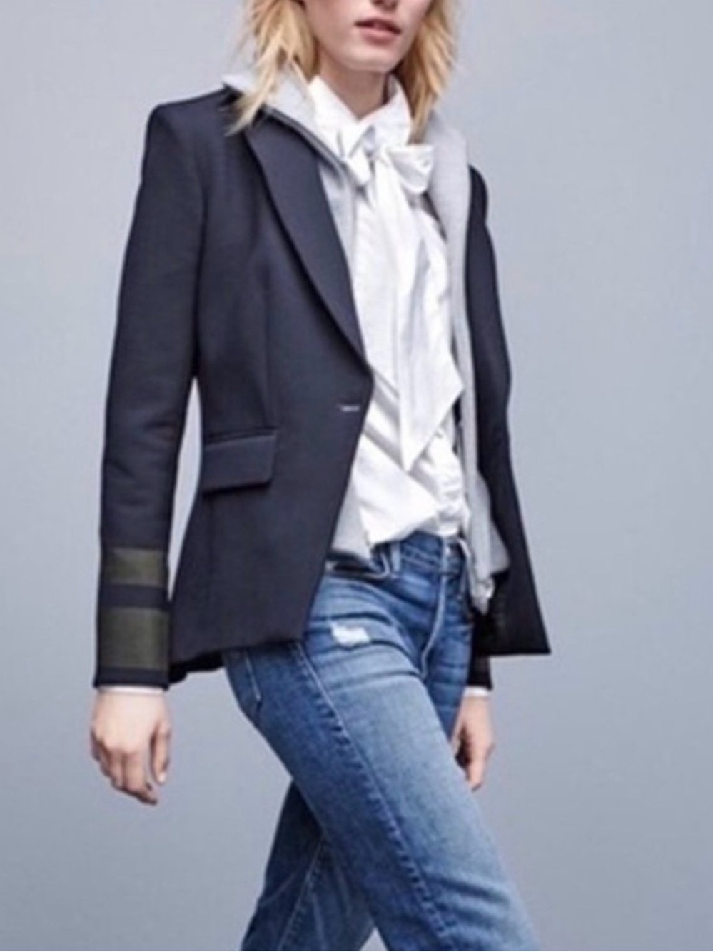 Veronica Beard Navy Dickey Blazer with Olive Green Stripes on Sleeve. Size 4